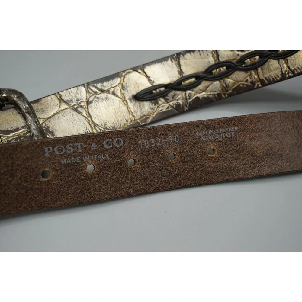 Post & Co Italy Croc Embossed Gold Metallic Leather Belt Hammered Buckle Size 36